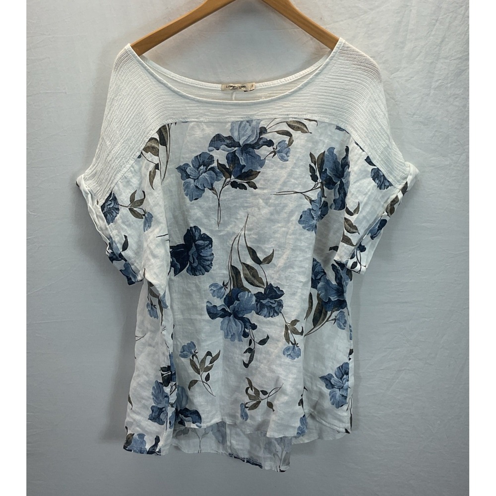 Lungo L'arno Top Womens 1X Blue Floral Linen  Short Sleeve Blouse Travel Beach